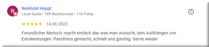 Freundlicher Mensch, macht einfach das was man wünscht, kein Aufdrängen von Extraleistungen. Passfotos gemacht, schnell und günstig. Gerne wieder